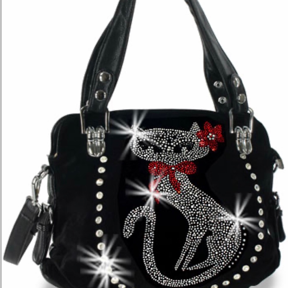 Cat Design Rhinestone Handbag